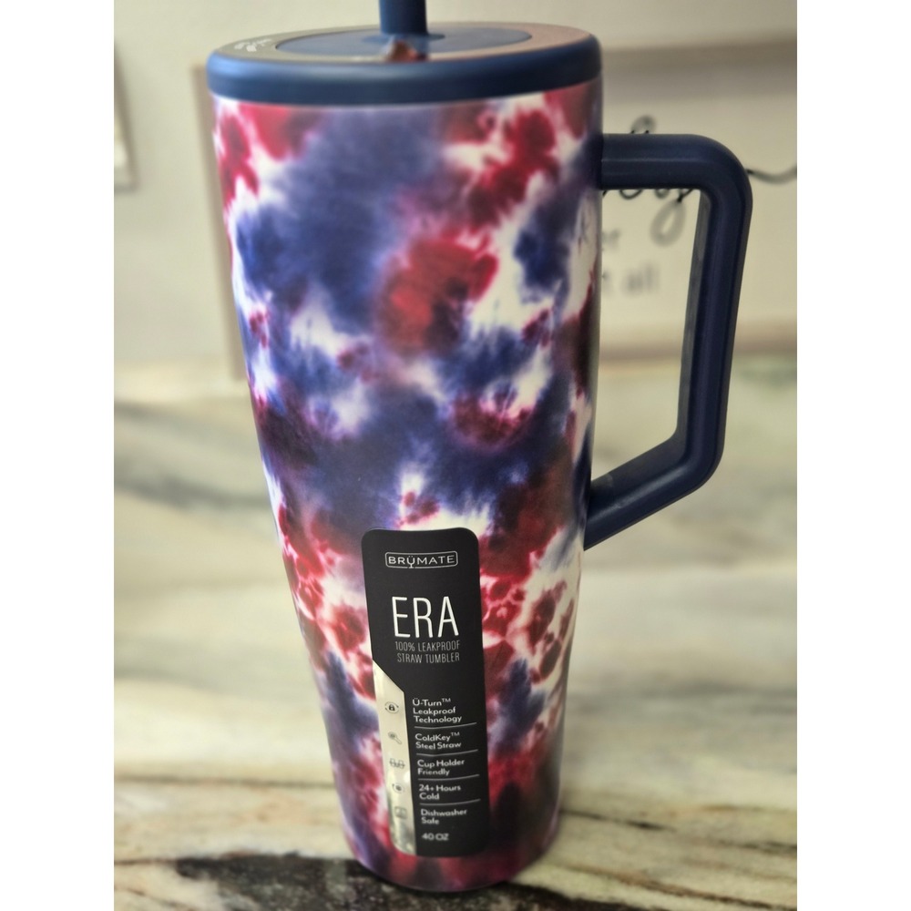 BruMate Era 40oz Straw Tumbler Red White Blue Tie Dye Leakproof Insulated Mug